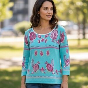 Joseph A. Teal Floral Knit Top L 3/4 Sleeve Stretch Boho Retro Mod Pattern Sz L